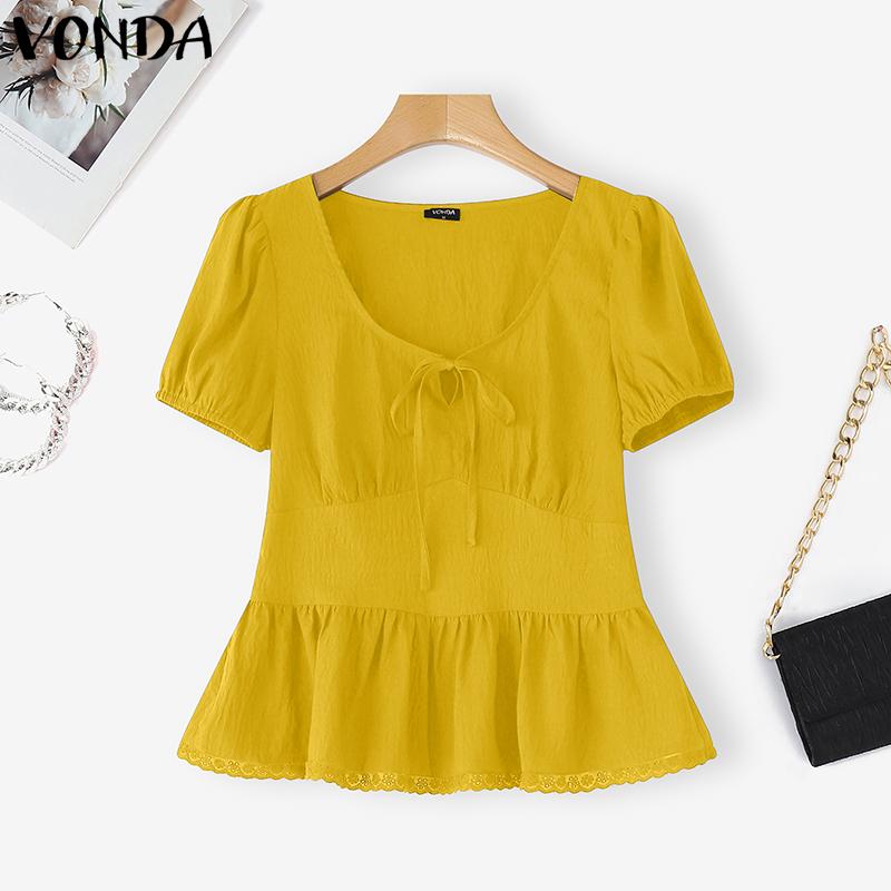 VONDA Summer Women Lace-up V Neck Puff Sleeve Ruffled Casual Blouse