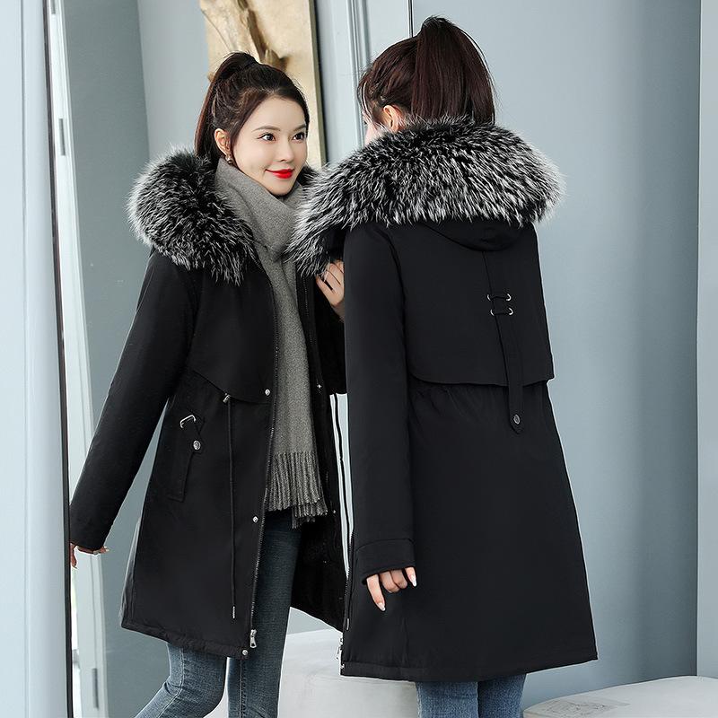 8XL Women Autumn Winter Big Fur Collar Wool Liner Hooded Outwear Jacket Slim Long Coat Casual Parkas Cotton Warm Coats Female
