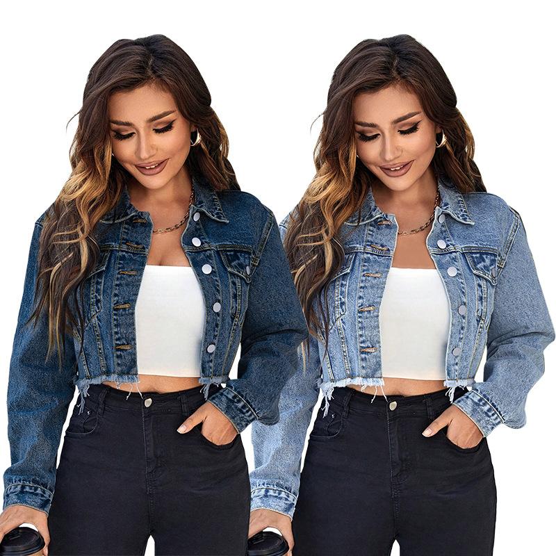 2026 Fashion Women's New Denim Fringed Lapel Long Sleeve Jacket