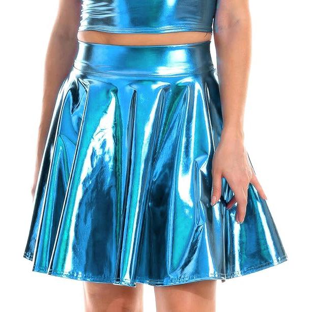 Women Shiny Metallic Flared Skater Skirts Faux Leather High Waist Pleated A-Line Mini Skirt for Disco Dance Clubwear