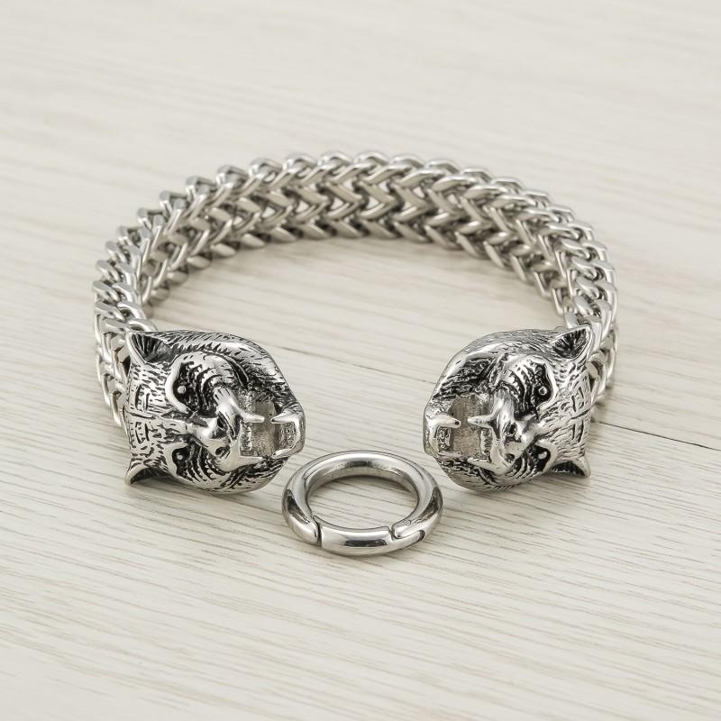 Mens Titanium Steel Leopard Charm Bracelet Punk Style Geometric Design Polished Finish Adjustable 22cm