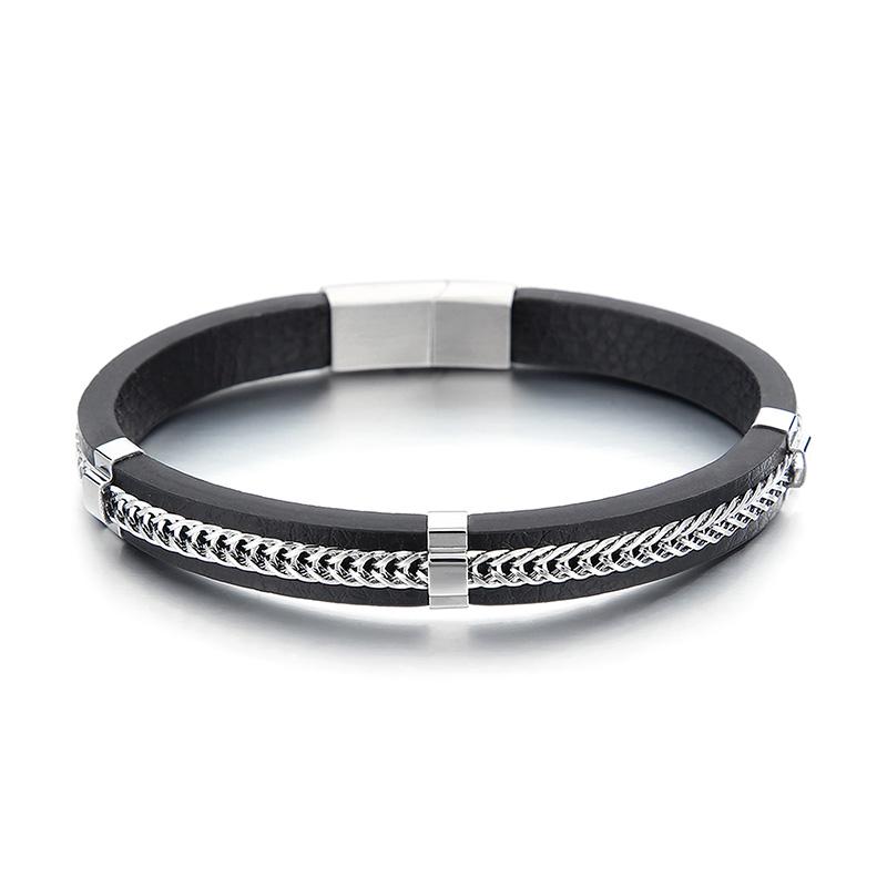 KALEN Men 210mm Vintage Silver/Gold Microfiber Bracelet With Stainless Steel Chain 21cm&Vintage