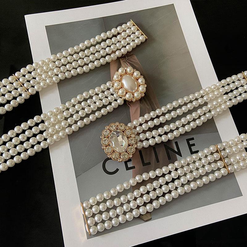 Pearl Belt Women'S, Decorative Women'S Waist Chain Simple Rhinestone Beaded Elastic Waist Seal