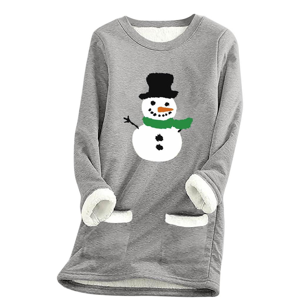 Ladies' Loose And Comfortable Round Neck Christmas Print Thick With Pockets Long Sleeved Top