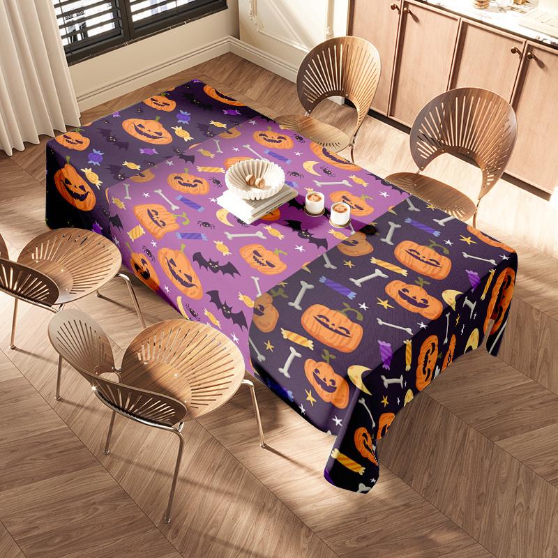 Halloween-themed tablecloth with pumpkins and bats in purple color, suitable for party decoration or home use buy now!