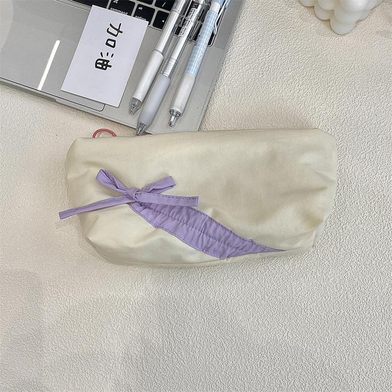 Ins Style Simple Fabric Pencil Case Bowknot Makeup Bag Large Capacity Storage Bag Stationery Pouch School Supplies Girls Gift