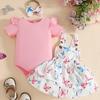 Baby Girl Short Sleeve Bodysuit Butterfly Print Suspender Dress and Bow Headband Three Piece Set Soft Comfortable Fabric