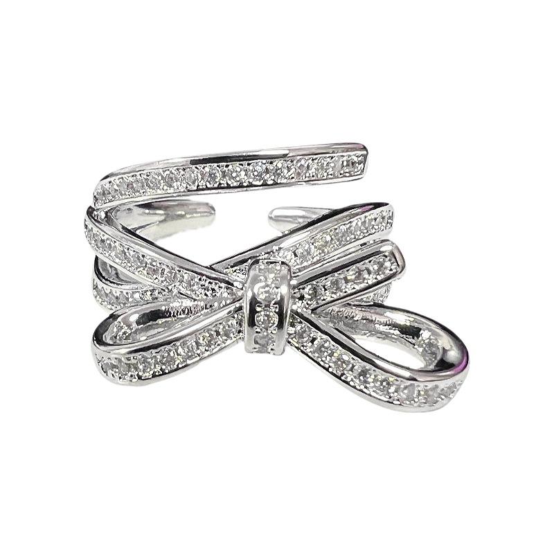Delicate Small Fragrant Style Bow Full Of Diamonds Zir*****Pen Ring Women'S Light Luxury High-End Niche Design Super Fairy Ring