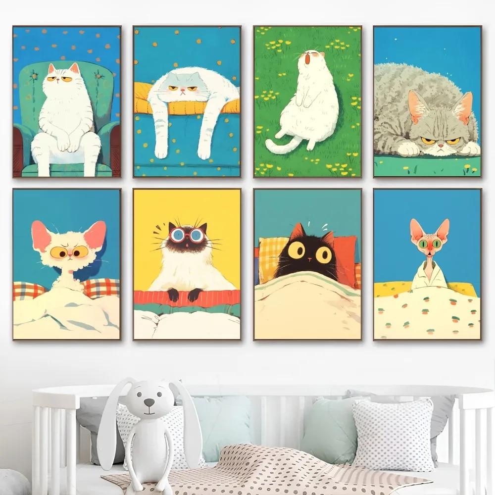 Vintage Wall Art, Funny Animals Kawaii Cats,.High Definition Canvas Printed Poster, Home Living Room Bedroom Decorative Items