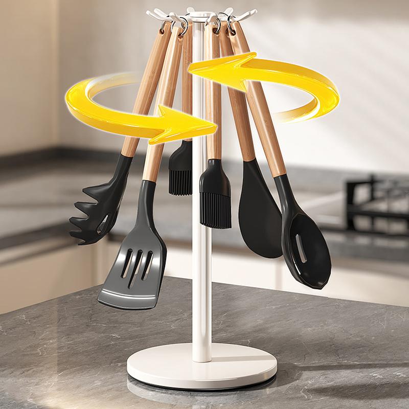 Kitchen Utensil Stand: Rotating Storage Hanger With 8 Hooks,for Countertop Organization Rotatable Cooking Utensils Holder