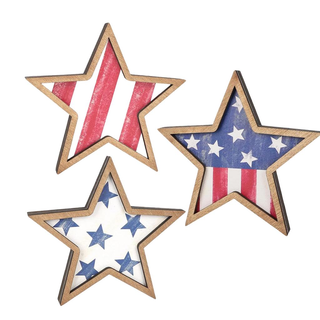 Wooden Star Shaped Tabletop Decor Set of 3 Rustic Layered Design Patriotic Themed Wooden Star Ornaments for Home Office Display