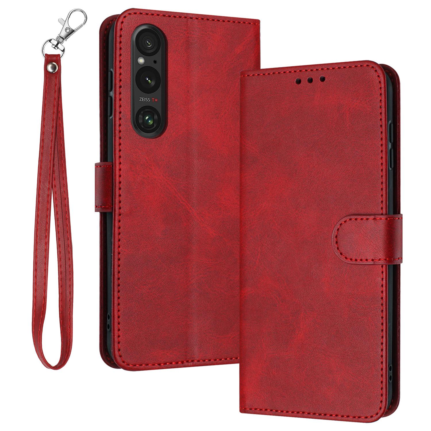 

For Sony Xperia 1 VI Cover with Strap PU Leather Flip Stand Protective Cover Pure Color Wallet Red