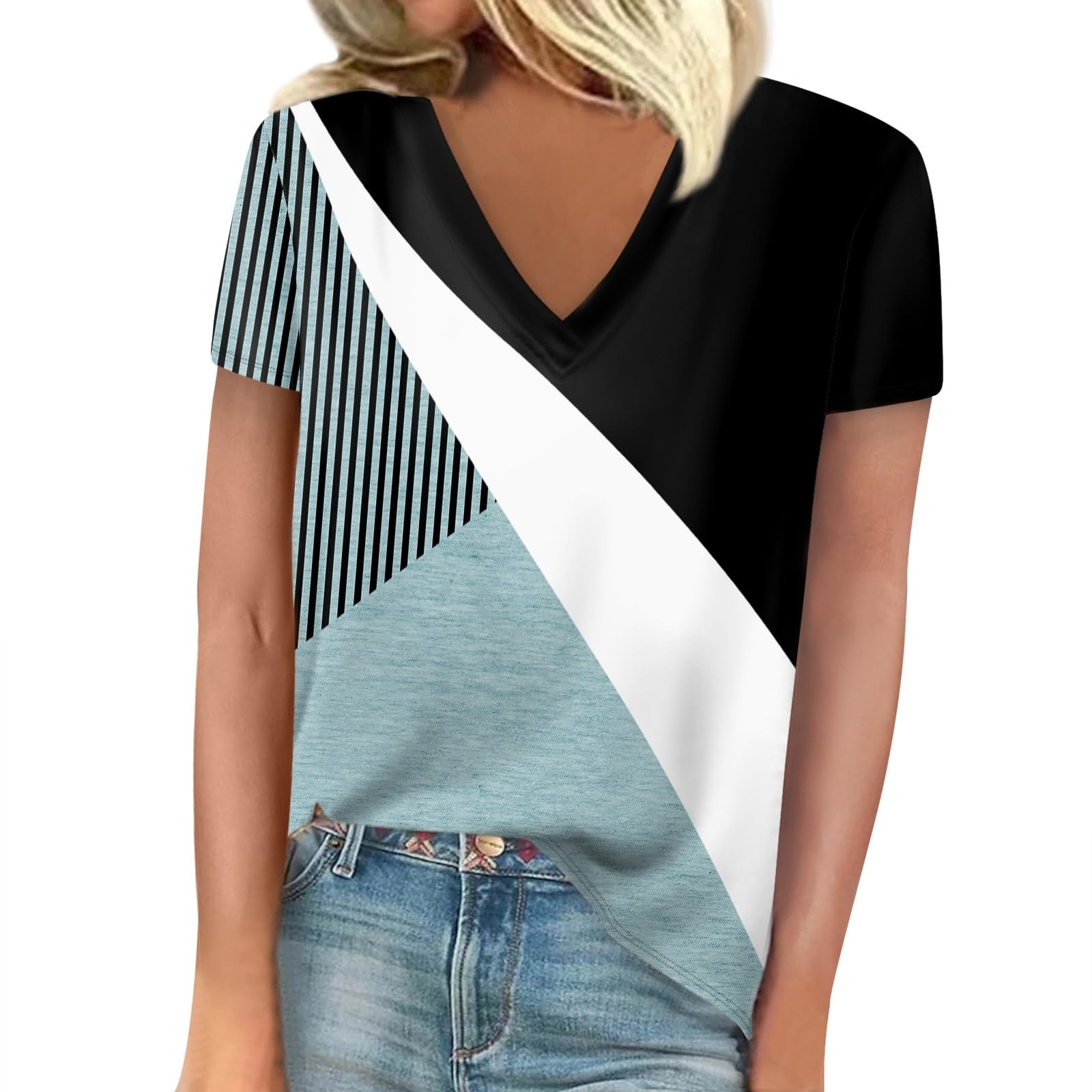 

Женская летняя футболка, повседневная, стильная, с V-образным вырезом, с коротким рукавом, в полоску, с клетчатым принтом, топ, свободная повседневная одежда, женская футболка XXXL