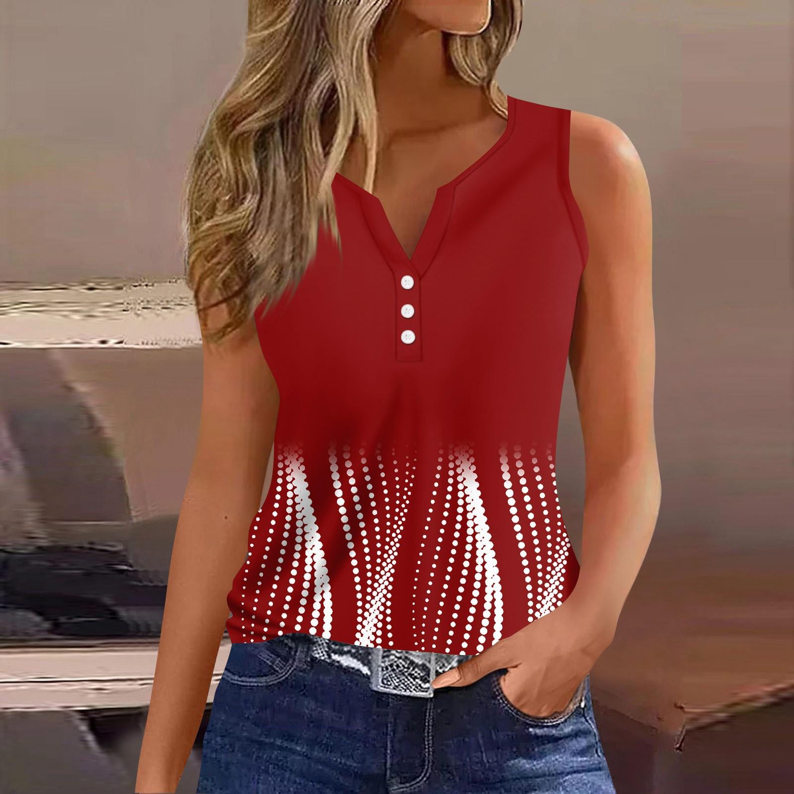 

Жен. Футболка Футболка С принтом Пуговицы Без рукавов Повседневные Выходные Мода Классический V-образный вырез Обычный Верх XXL винный