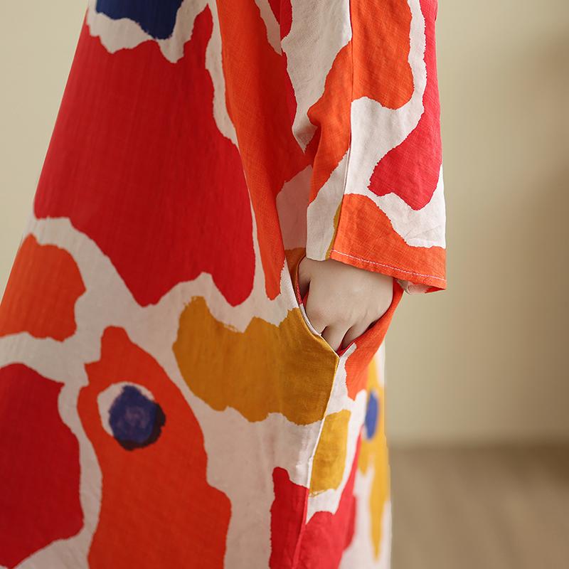 Dimanaf 2025 Women Plus Size Spring Long Dress Loose V-Neck Printing Vintage Casual Floral Oversize Long Sleeve 5036