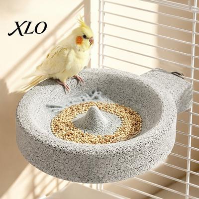 Natural Stone Bird Bath Pumice Food Bowl, 2-in-1 Feeder Water Dish, Cage Dispenser Birdcage with Screw Mount for Parakeets Finches Canaries Lovebirds