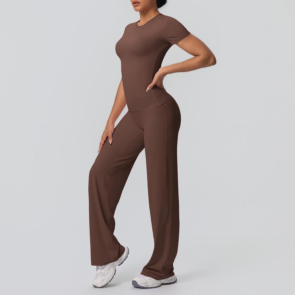 Tvådelad Enfärgad Yoga-dräkt: Dubbelsidig borstad långärmad topp med vida byxor för träning, löpning och fitness