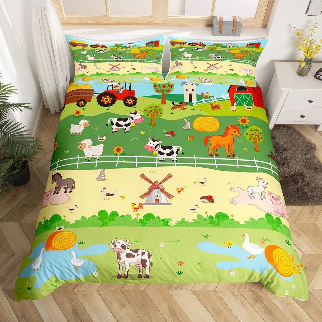 Comforter Cute Cartoon Farm Animal Truck Tractor Bedding Set Farmhouse Country Cozy Comforter For Boys Teen Room Decor