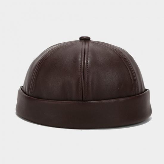 Women Men Faux Leather Docker Cap Hat Round Top Brimless Design Hat Solid Color