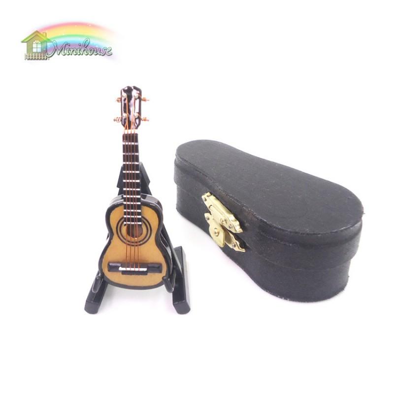 1:12 Scale Miniature Wooden Guitar With Leather Case Dollhouse Decor Realistic Musical Instrument Model Collectors