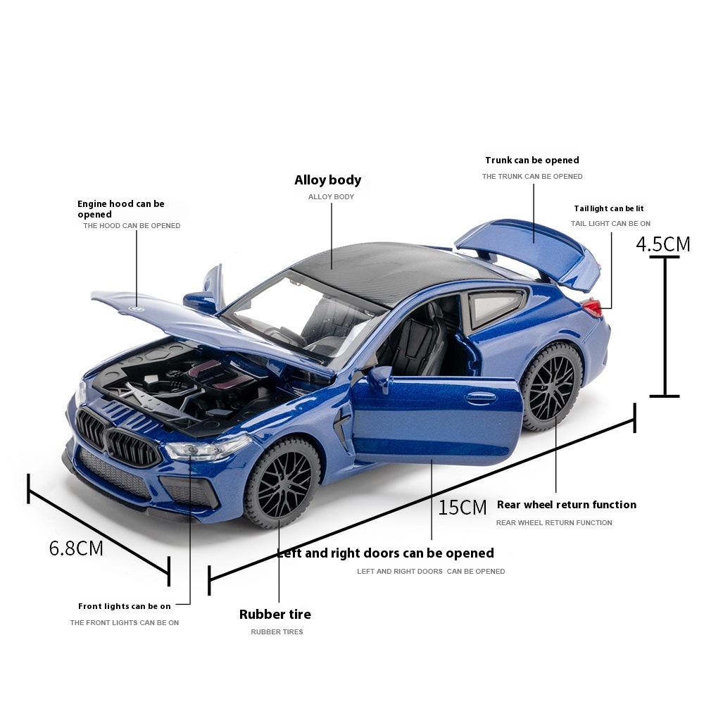 Model samochodu ze stopu BMW M8 w skali 1/32, Dźwięk i światło, Akcja sprężynowa, Zabawka do pokoju zabaw dla dzieci i przedmiot kolekcjonerski