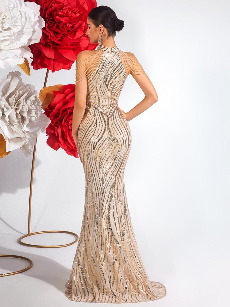 Luxuriöses gestreiftes Pailletten-Neckholder-Abendkleid mit schulterfreiem Schnitt
