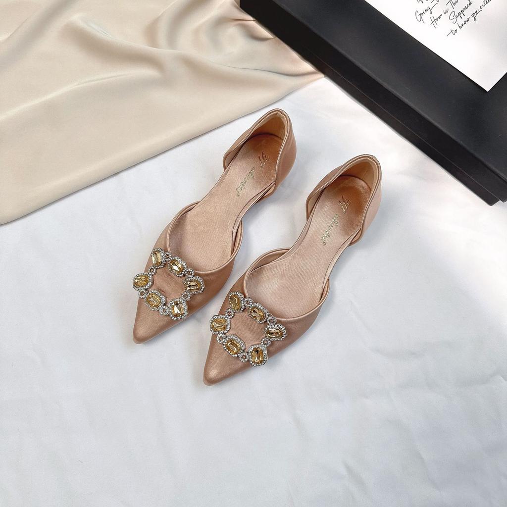 2025 spring and summer new satin rhinestone square buckle pointed head shallow mouth flat sole shoes female hollow fairy style crystal wedding shoes