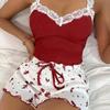 Women Pajama Set Lace Patchwork V-Neck Sleepwear Sexy Nighties Suit Camisole Top Printed Shorts Soft Pyjamas Loungewear