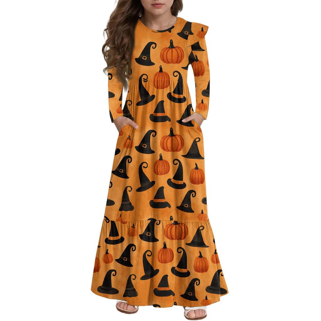Girls' Tiered Ruffle Dress Halloween Day - Long Sleeve Printed Maxi With Pockets