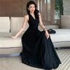 French White Sleeveless Neck V-neck Dress for Women's Summer New Beautiful Waist and Thin Big Swing Dress