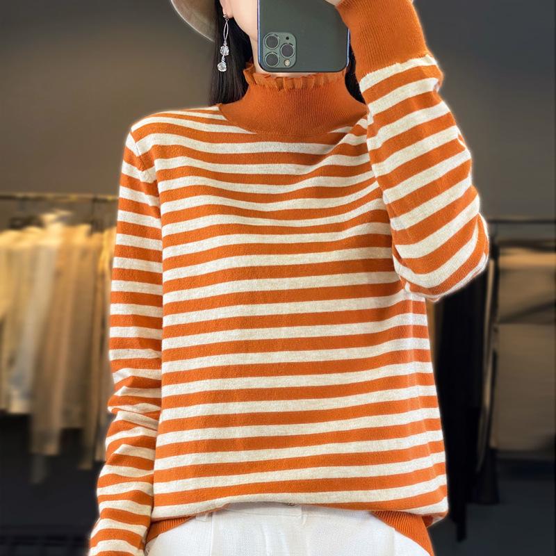 YYFS Women's Fashion Casual Stripe Print Autumn Winter Long Sleeve Half Turtleneck Sweaters
