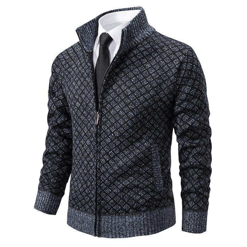 Men's Stand-Up Collar Knitted Cardigan - Thick Ribbed Velvet Sweater for Autumn/Winter (Middle-Aged & Elderly)