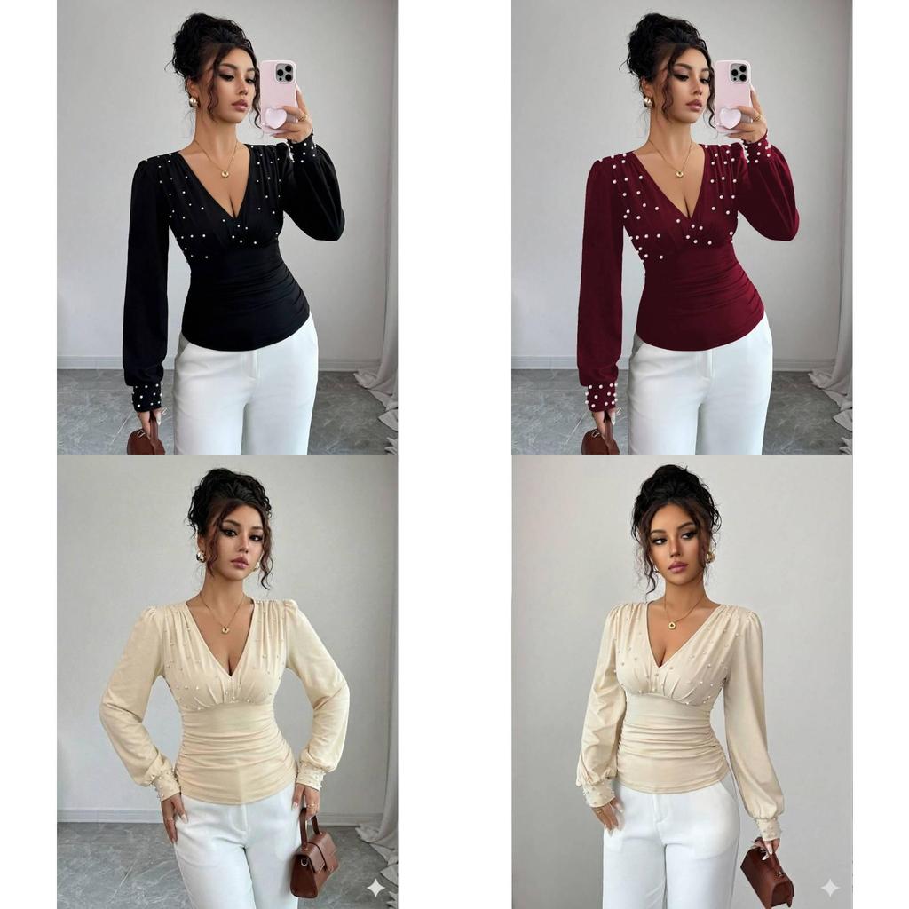 Elegant Long Sleeve T Shirt With Pearl Embellishments For Office Wear