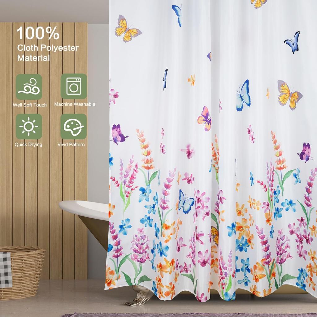Butterfly and Flower Shower Curtain Colorful Garden Design Spring Theme Nature Art Bath Decor Waterproof Fabric Boho Style