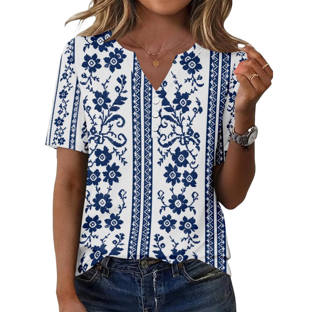 Women's Casual Floral Print V-Neck Short Sleeve T-Shirt Top with Decorative Buttons for Everyday Wear