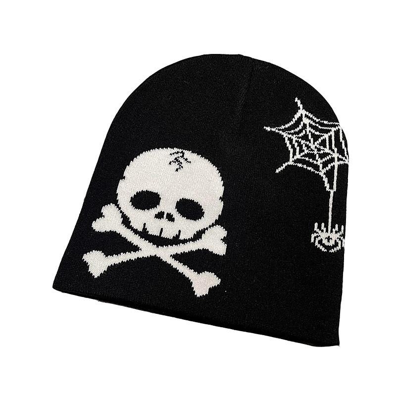 Hat Knitted Fashion With Skull And Spider Web Embroidered Design Halloween For