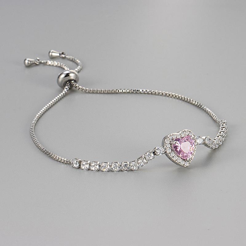 Pink Heart Zircon Adjustable Bracelet Light Luxury Elegant Fashion Bangle For Women Daily Commute Jewelry Gift
