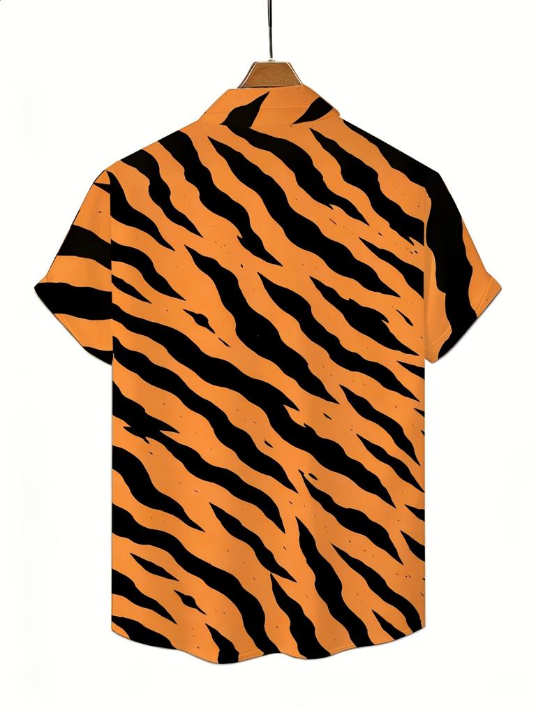 Men'S Tiger Stripe Wild Short Sleeve Shirt, Street Trendy Cool Style Blouse, Full Print Orange Black Contrast Tiger Pattern Loose Top, Suitable for
