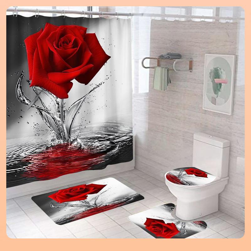 3D Cyfrowy Nadruk Róża Zasłona Prysznicowa Łazienkowa, Zestaw Trzyczęściowy Czteroczęściowy