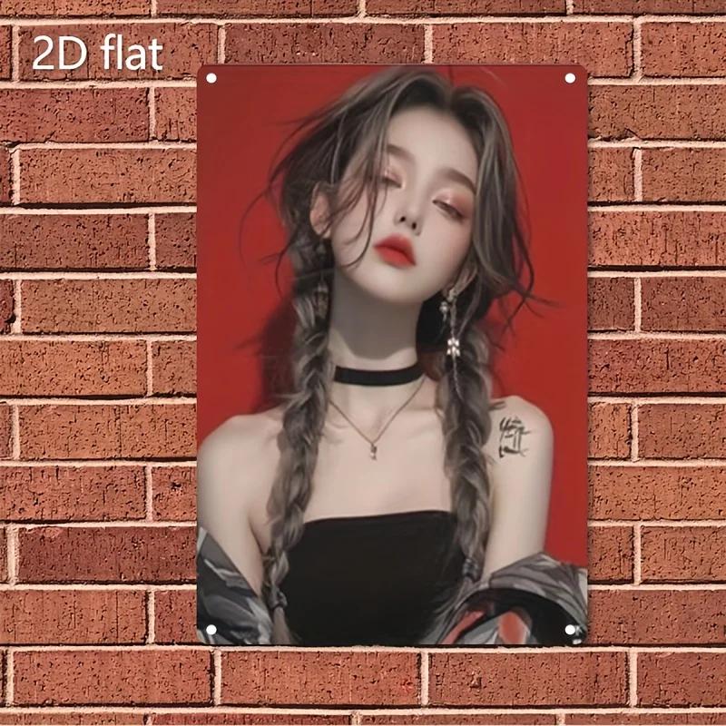 

HD Metal Tin Sign Edgy Asian Woman with Braids in Black Tube Top Red Background Tattoo Scene Vintage Wall Art Plaque Retro D De 20x30cm（7.8x11.8inch）