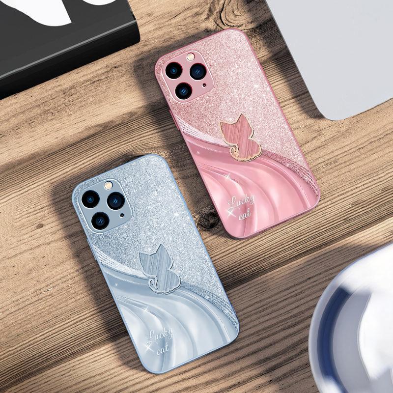 Sparkling Diamond Cat For IPhone 16 Pro Max 15 Pro 14 13 12 Mini 11 XS Max XR 7 8 Plu SE 2022 Tempered Glass Phone Case