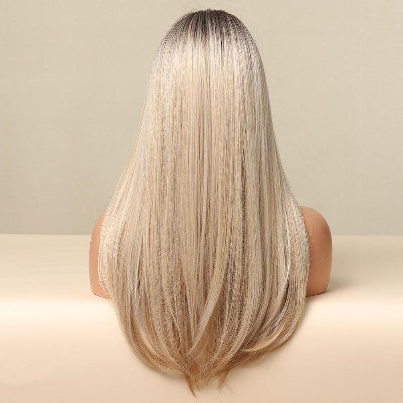 Long Straight Blonde White Ombre Synthetic Wig With Bangs Cosplay Hair Wigs for Women Heat Resistant KTB