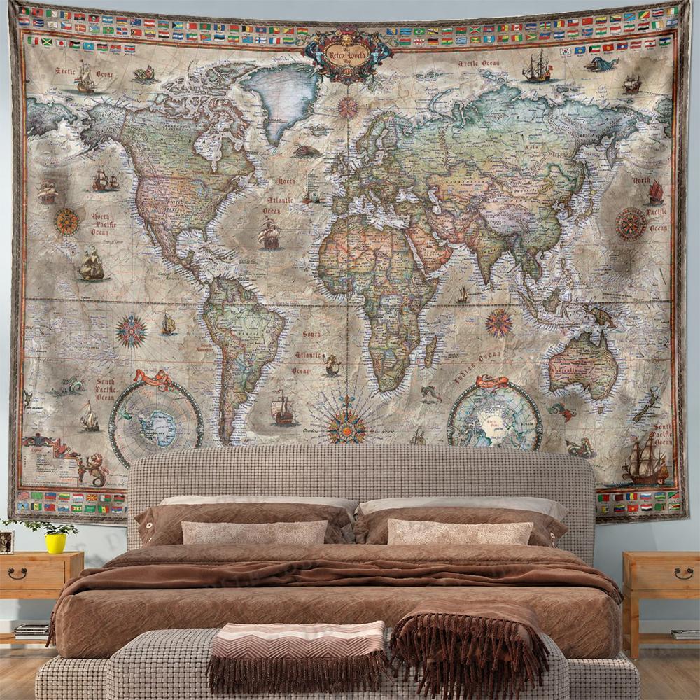 Vintage World Map Retro Design Ships Flags Antique Patterned Tapestry for Bedroom and Living Room Home Decor Sofas