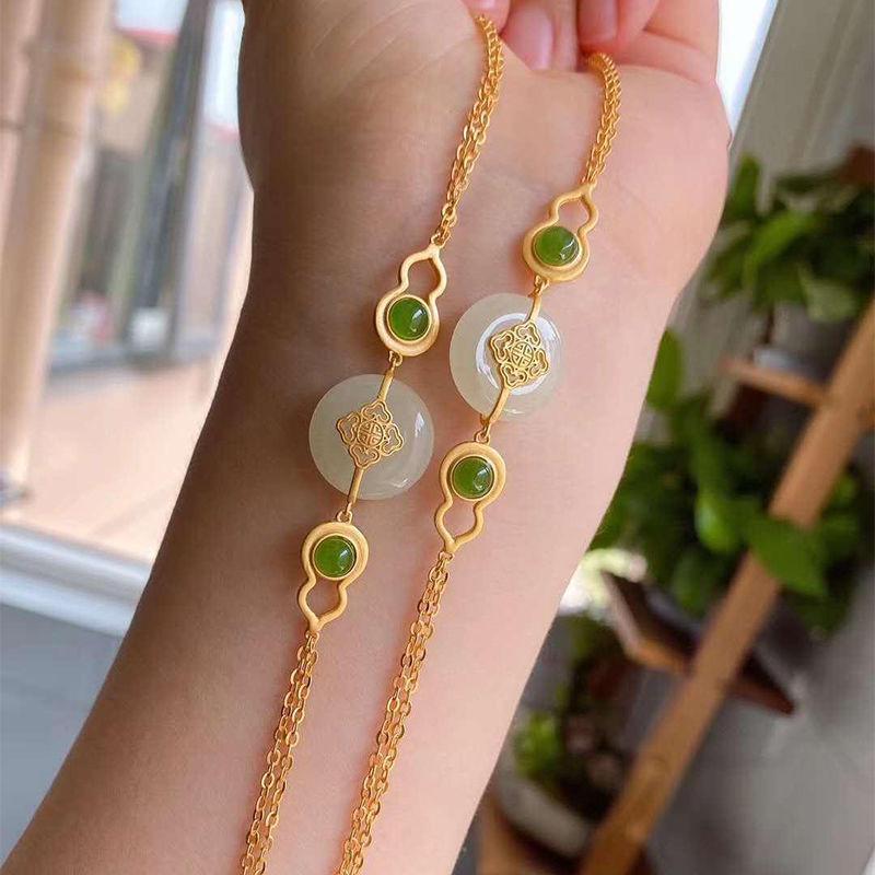 New Inlaid Natural Hetian Chalcedony Gourd Adjustable Bracelet Chinese Style Ancient Gold Craft Charm Female Jewelry