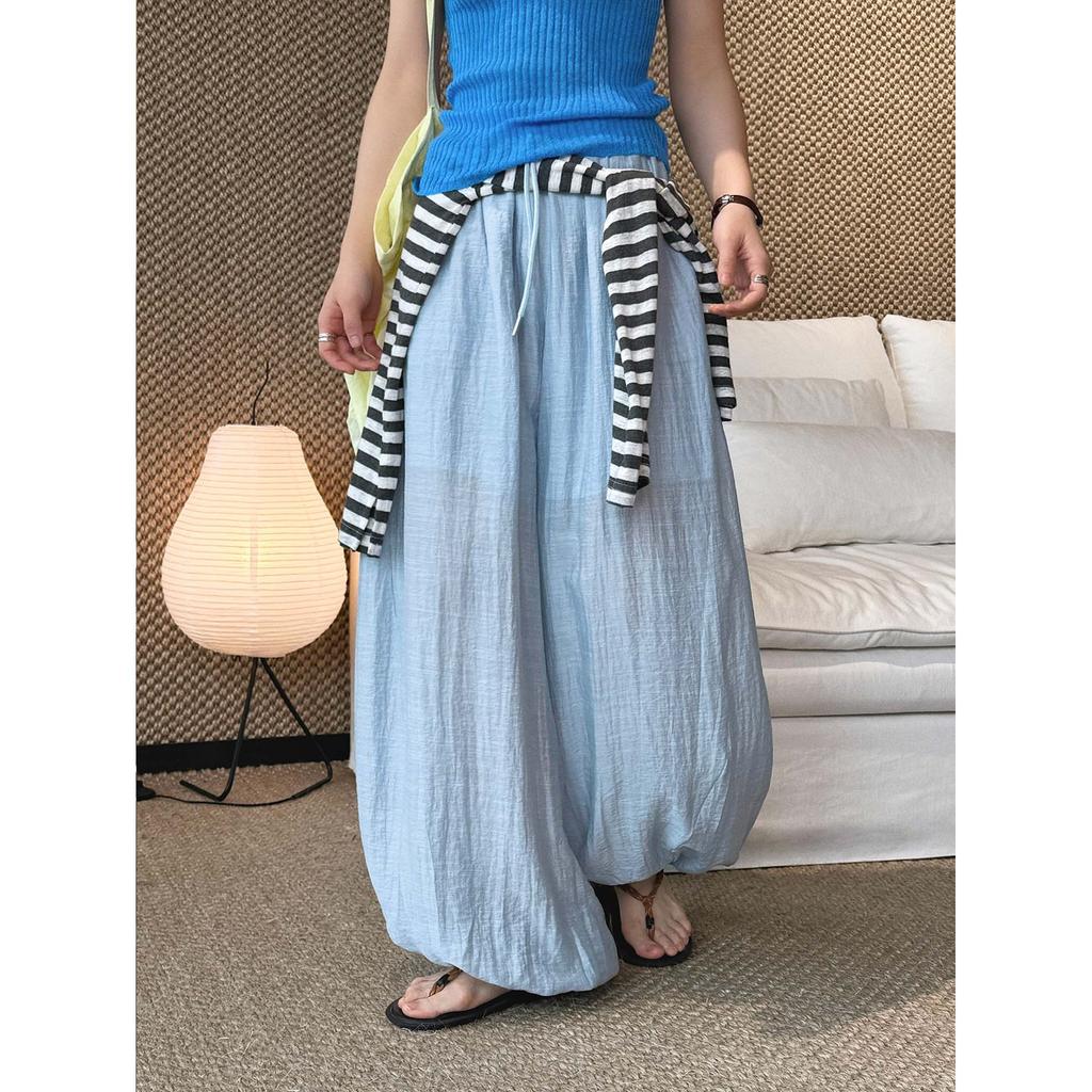 Johnature Minimalist Elastic Drawstring Pleated Casual Pants Summer Comfortable Loose Relaxed Jogger Pants For Women