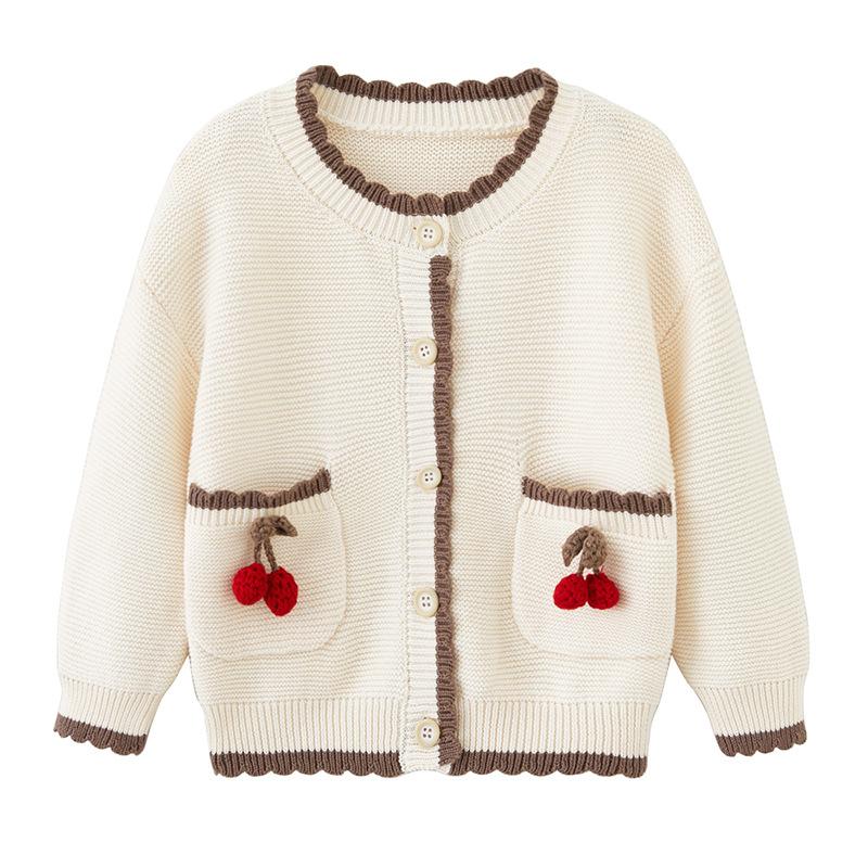 Spring and Autumn Contrast Color Round Neck Small and Medium Children's Knitted Cardigan Jacket Long Sleeve Pure Cotton Cherry Girl Sweater Cardigan
