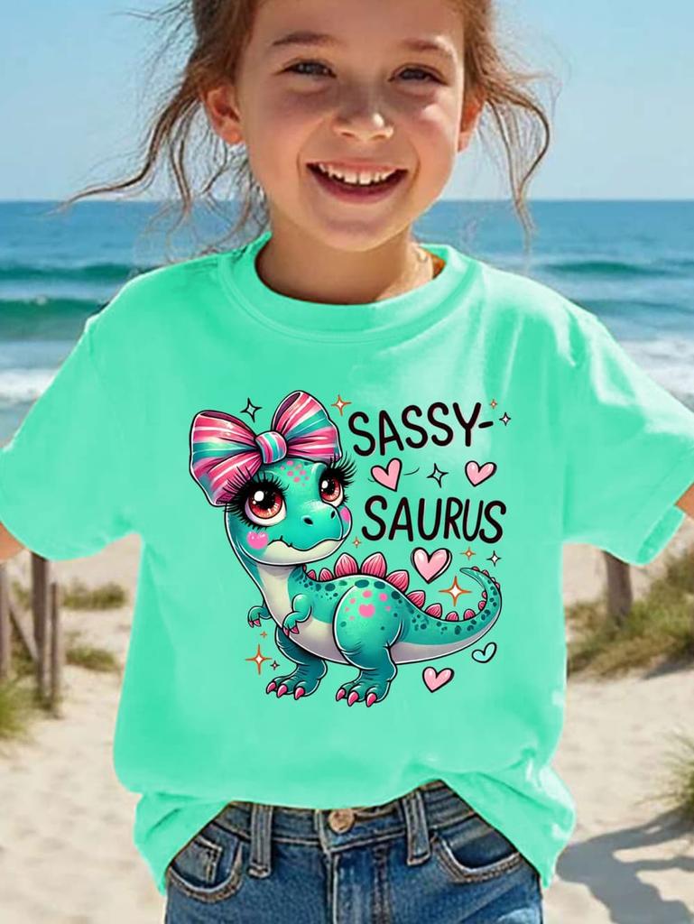 Girls' Kawaii Cartoon Dinosaur Graphic T-Shirt Cute Pink Bow Hearts Print T-Shirt Kids Short Sleeve Tee Y2k Children's Clothing