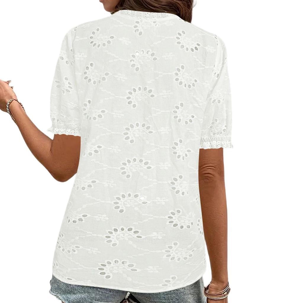 Women's Summer Fashion Casual Shirts Cropped Petal Sleeve Eyelet Tops V Neck Shirt