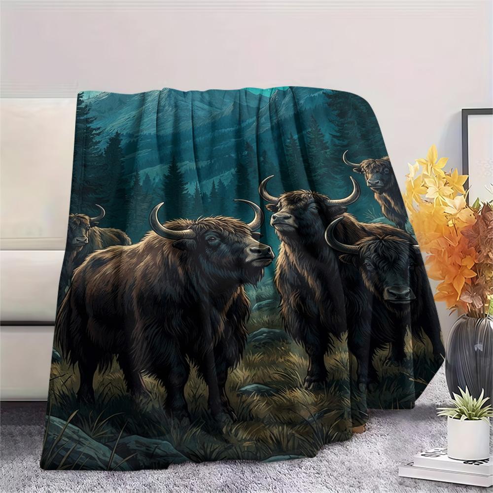 1PC Moonlit Highland Yaks Print FlAannel Blanket, High quality Comfortable for All Seasons, Home Decor, Warmth and Comfort