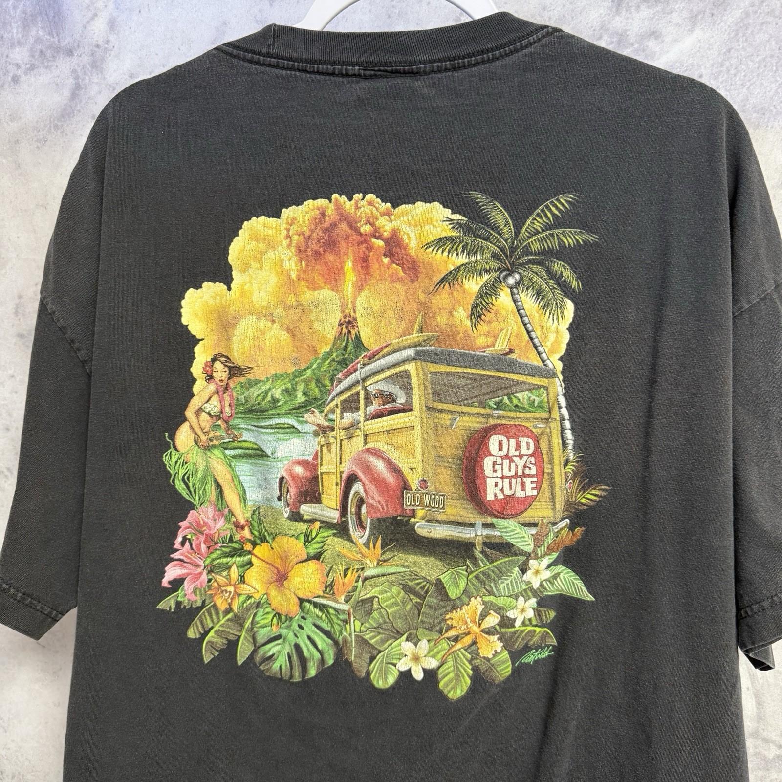 Vintage Old Guys Rules Hawaii Woody Car Hula Girl Volcano T Shirt Mens 2XL XXXXL